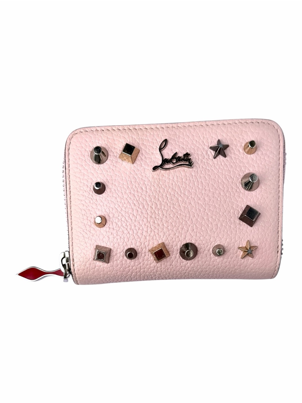 Christian Louboutin Blush Pink Studded Zip Around Coin Card Wallet W/Red Charm